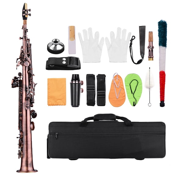 Cacagoo Brass Straight Bb Soprano Saxophone Ni Plated Sax Woodwind Instrument Carve Pattern with Case Gloves Cleaning Cloth Straps Brush (Red)