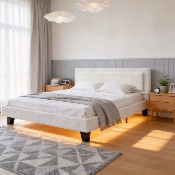 Cacagoo King Size Bed Frame with Adjustable Headboard, Upholstered Platform Bed Frame with Wood Slat Support, Heavy Duty Mattress Foundation, No Box Spring Required, Easy Assembly, Beige