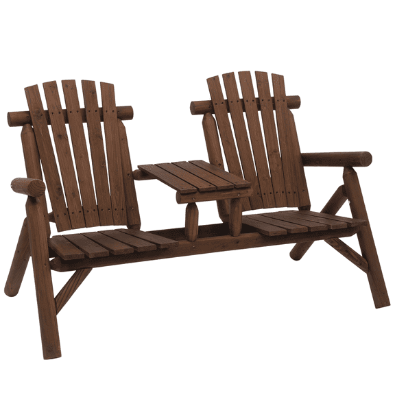 Cacagoo Rustic Double Adirondack Chair with Table, 2-Seater Log Style Wooden Bench, Weather Resistant Outdoor Bench for Backyard, Cabin, Patio, Garden