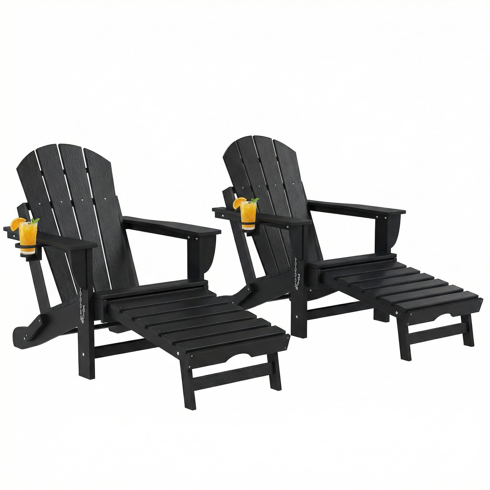 Cacagoo Set of 2 Black Folding Adirondack Chairs with Ottoman, HDPE ...