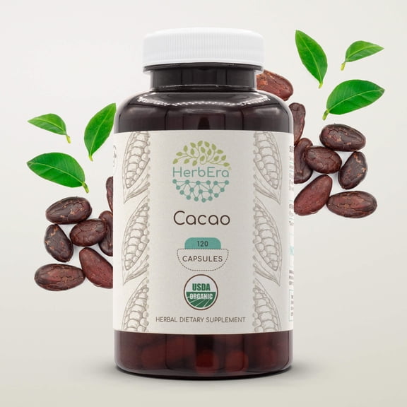 HerbEra Cacao Capsules, Organic Herbal Dietary Supplement for Antioxidant Support, Certified Organic Cacao (Theobroma cacao) Dried Raw BeansCapsules, Natural, 120 Capsules