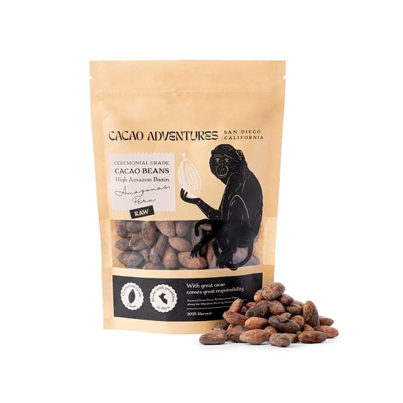 Cacao Adventures Raw Cacao Beans - Wild Strains Farmed by Awajun Communities in Peruvian Amazon, Whole Cocoa Beans for Baking, Smoothies & Snacking, 1 lb Pack