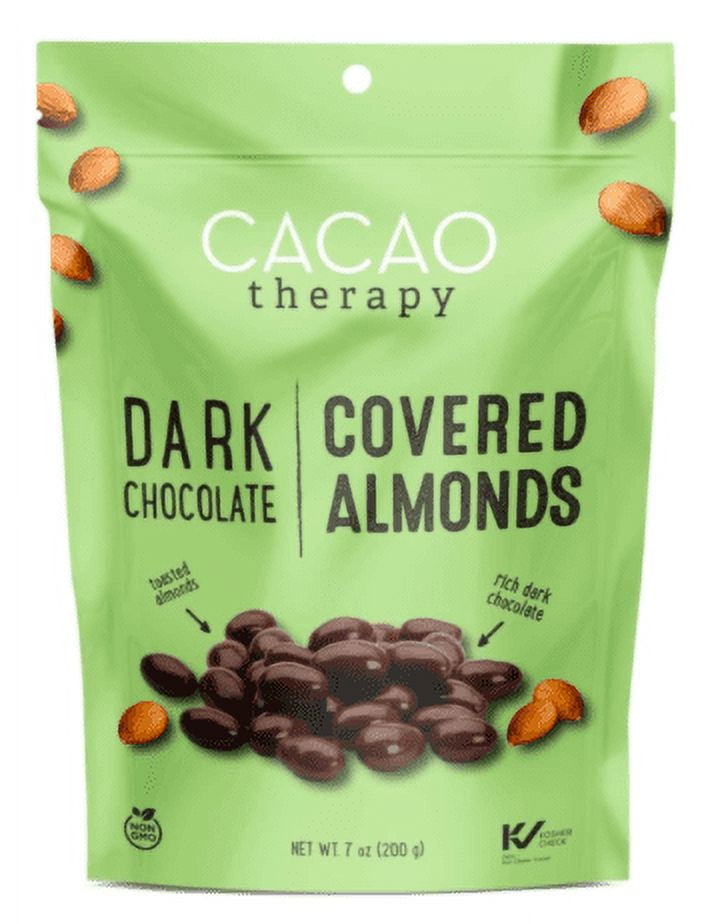 Cacao Therapy Dark Chocolate Covered Almonds 7oz. Made with rich dark