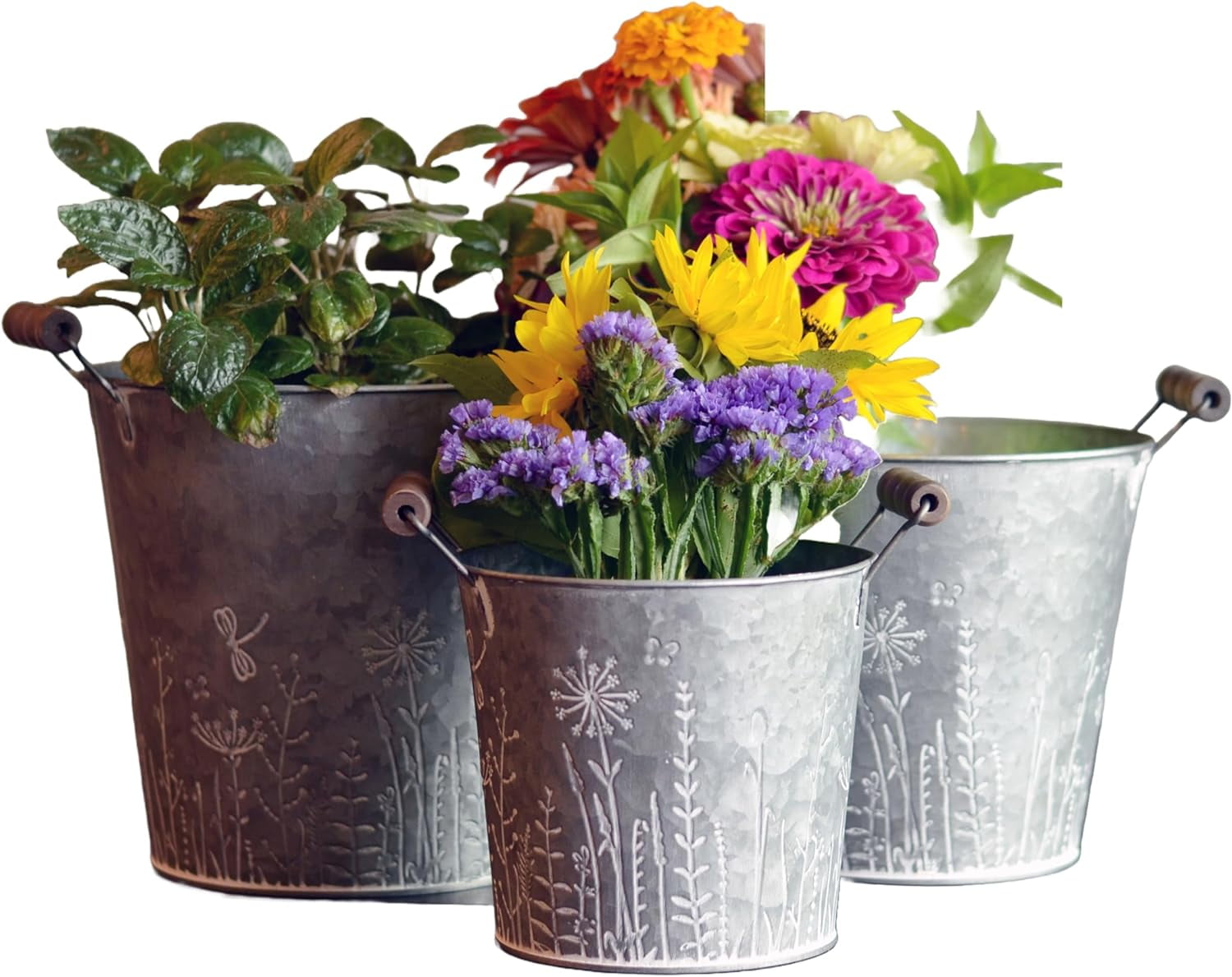 Set of 3 Rustic White Patina Zinc Round Planters with Handles