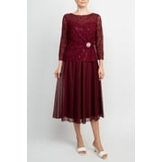 Cachet Boat Neck Long Sleeve Embroidered Top Brooch Detail Mesh Dress-BORDEAUX / 6