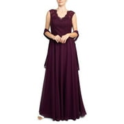 Cachet Embellished Scalloped Neck Cap Sleeve Zipper Back Flutter Embroidered Mesh Chiffon Dress with Scarf-WINE / 6