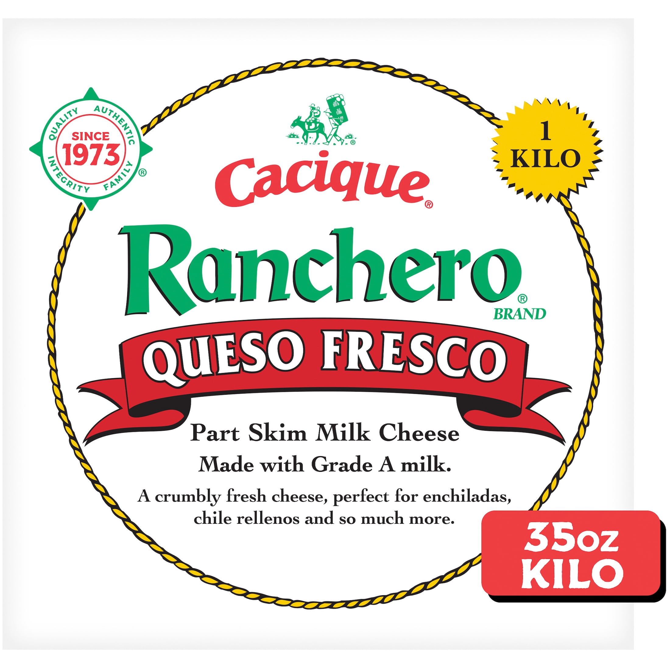 Cacique Ranchero Queso Fresco, Fresh Mexican Crumbling Cheese, Part Skim Milk, 35 oz (Refrigerated)