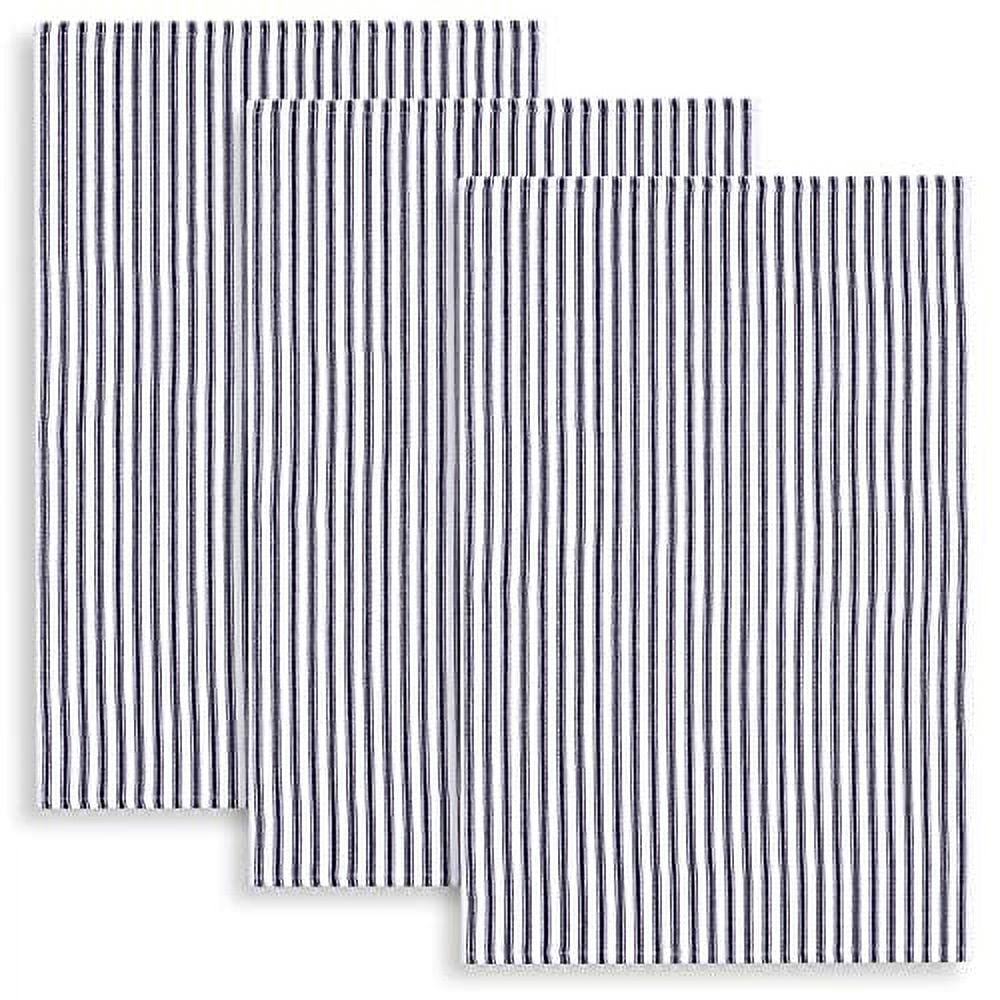 Cackleberry Home Navy Blue and White Ticking Stripe Woven Cotton Kitchen Towels 18 x 28 Inches, Set of 3