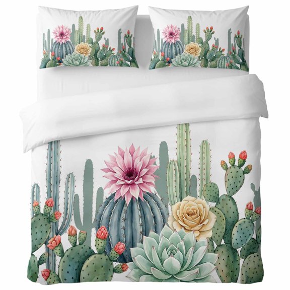Cacti King Duvet Cover Set, Desert Green Succulents Plants Pink Yellow Floral Decorative 3 Piece Bedding Set with Zipper Closure Soft Breathable Microfiber Comforter Cover & 2 Pillowcases
