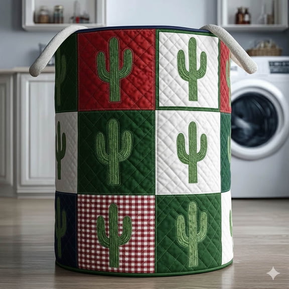 Cacti Patchwork Quilted Laundry Basket, Storage Bin Laundry Basket Fabric, House Storage Hamper, Mother Day's Gift Ideas
