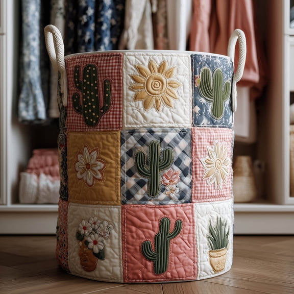 Cacti Patchwork Quilted Laundry Basket, Storage Bin Laundry Basket Fabric, House Storage Hamper, Mother Day's Gift Ideas