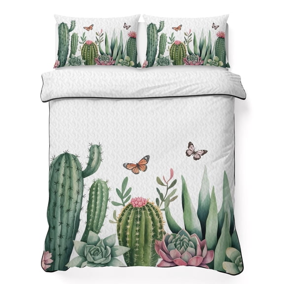 Cactus 3 Piece Quilt Bedding Set with 2 Pillow Shams, Butterfly Succulents Summer Tropical Plants Lightweight Bedspread Coverlet, Soft Breathable All Season Quilt, 68 x 86 Inch