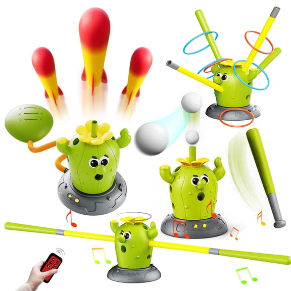 KNMDU 4-in-1 Cactus Toy Set with Ring Toss, Baseball, and Foam Rocket Launcher, Active Play Outdoor Toy for Kids Ages 4-8