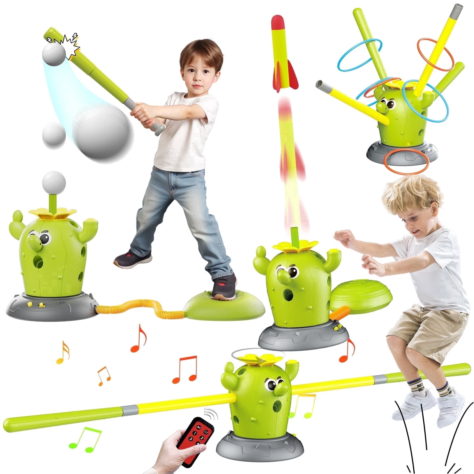 KNMDU 4-in-1 Cactus Toy Set with Ring Toss, Baseball, and Stomp Rocket Launcher, Active Play Outdoor Toy for Kids Ages 4-8