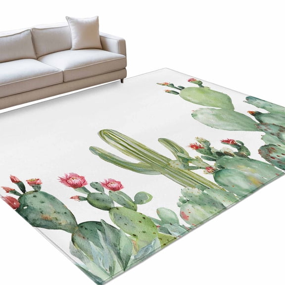 Cactus 6x9ft Non Slip Area Rug Tropical Plants Watercolor Plant Washable Soft Area Rugs for Living Room, Indoor Circle Carpet for Bedroom Dining Room Kitchen