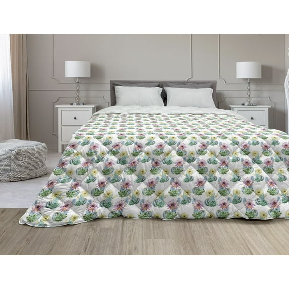 Cactus Down Alternative Comforter, Types of Cactus Plant Pattern with Flowers and Buds Fruits Nature Art Image, Microfiber Quilt for All Season, 5 Sizes, Green and Blue, by Ambesonne