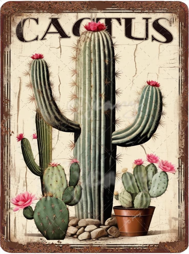 Rustic Cactus Sign Cactus Aluminum Pink Blooms Kitchen Rustic Metal Sign 12 x 8 Inch ...