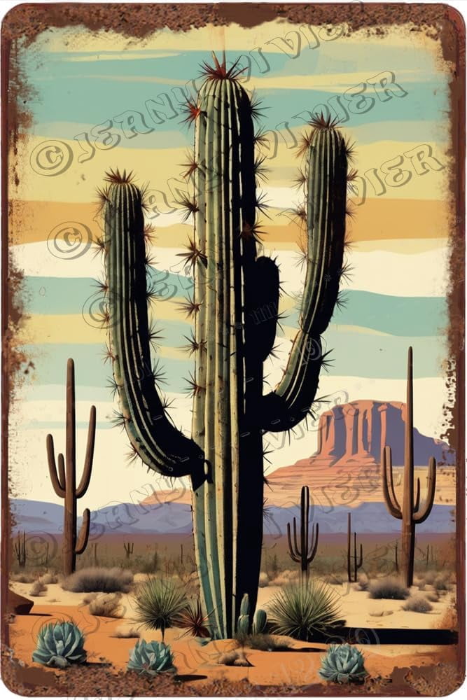Rustic Cactus Sign Cactus Aluminum Sign Artificial Plants & Flowers Decor Vintage Cacti ...