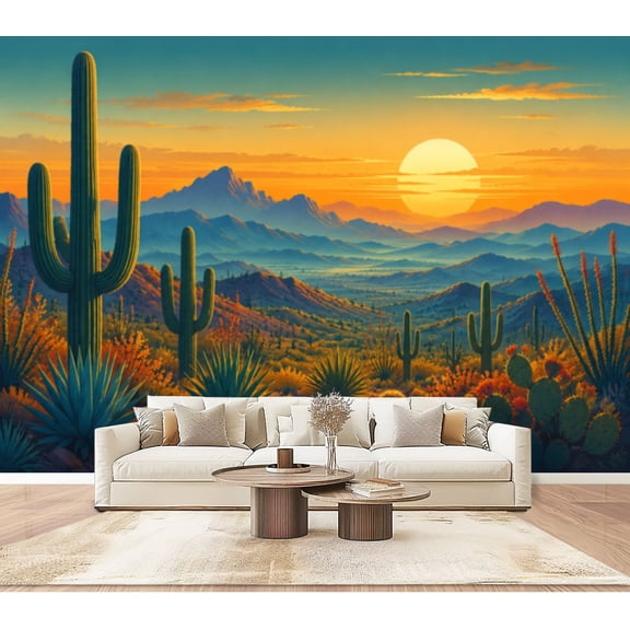 Cactus Arizona Desert Boho Western Mountains Sun Southwestern Peel and Stick Wall Murals 100"H x 144"W Removable PVC Wallpaper Self-Adhesive Wall Paintings for Bedroom Living Room