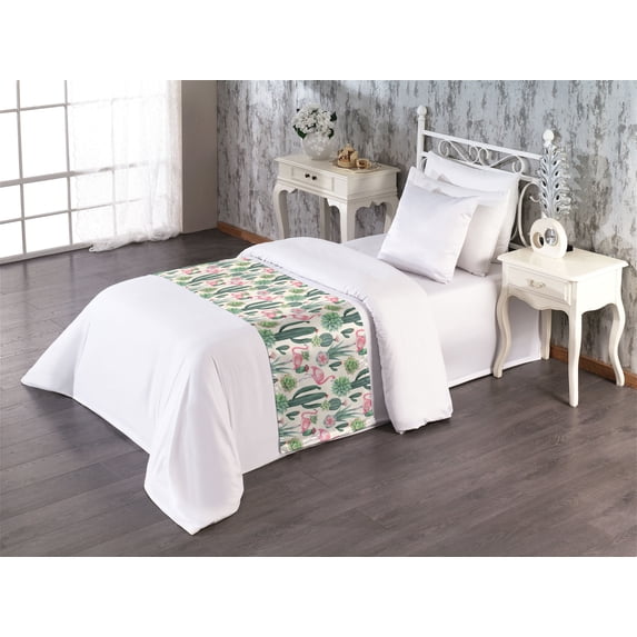 Cactus Bed Runner, Succulents and Cacti with Tropical Flamingo Birds Summer Watercolor Art, Decorative Accent Bedding Scarf for Hotels Homes & Guest Rooms, Twin, Ivory Pink Reseda Green, by Ambesonne