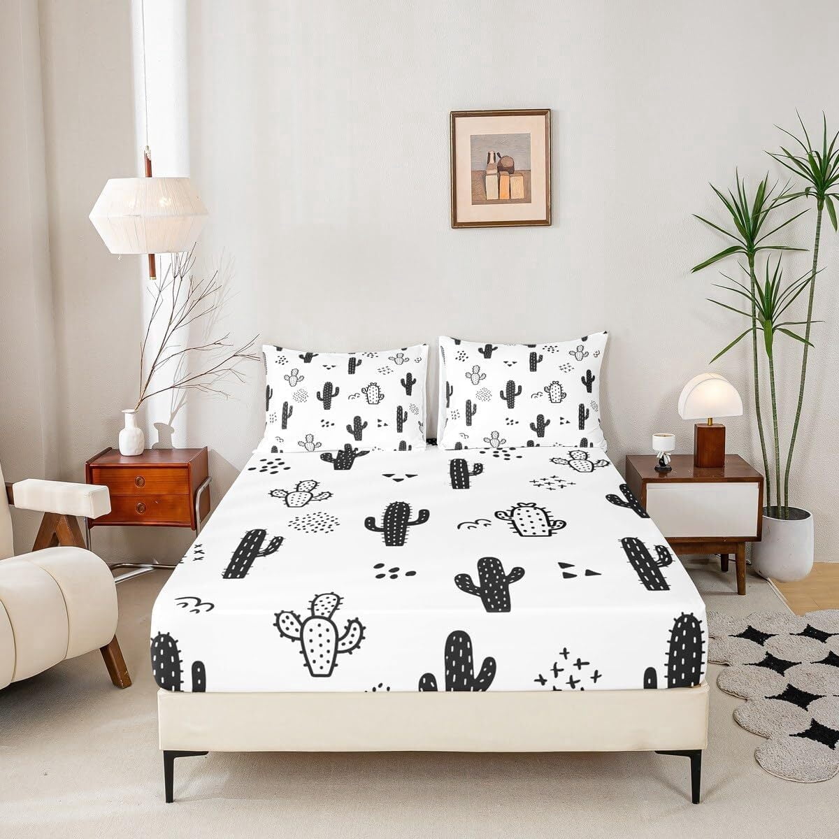 Cactus Bed Sheet Set Full Size,Cartoon Desert Plants Fitted Sheet 3pcs,Kids Boys Girls Bedroom Decor Black White Bedding Set Abstract Geometric Dot Hand Draw Bed Cover with 2 Pillowcases