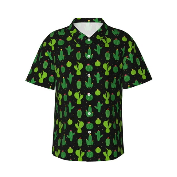 Cactus Black Hawaiian Shirts For Men, Summer Short-Sleeve Relaxed-Fit Button-Down Shirts Small