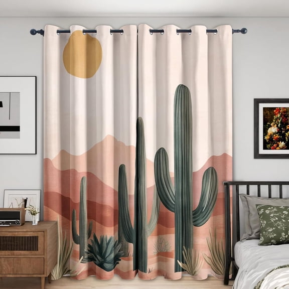 Cactus Blackout Curtains, Boho Mid Century Curtains For Bedroom Living Room - Abstract Mountain Desert Landscape Decor Window Curtains, Grommet Drapes 38"W x 54"L (Pack of 2)