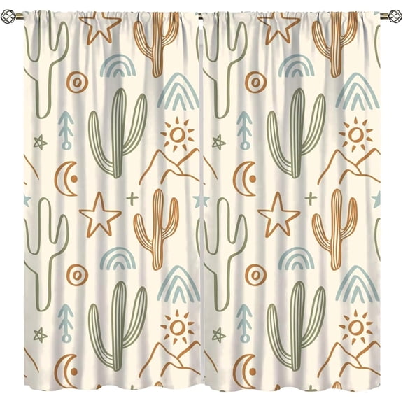 Cactus Blackout Curtains Cartoon Desert Plant Sun Moon Pattern Living Room Curtains for Kitchen Bedroom Printed Curtains 42x63 Inches 2 Panels