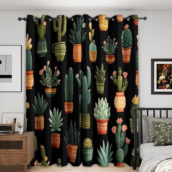 Cactus Blackout Curtains, Tropical Botanical Succulent Window Drapes for Home Decor, Kitchen, Bedroom, Cactus Room Decor, Grommet & Thermal Insulated 42"W x 108"L (Pack of 2)