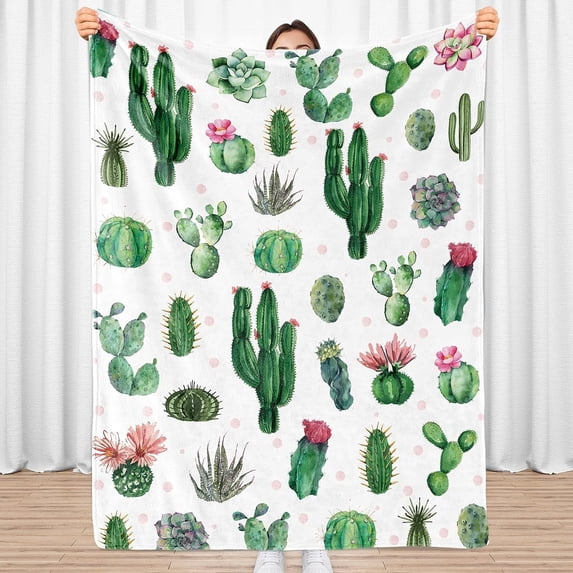 Cactus Blanket, Green Plant Blanket Throw, Warm Soft Lightweight Fuzzy Cactus Decor Blankets, White Green Flannel Cozy Plush for Couples Adults Men, Sofa, Bed, Living Room, Office, 60"x80"