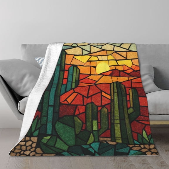 Cactus Blanket Stained Glass Desert Sunset Mosaic Flannel Fleece Throw for Room Bed Couch 60×50