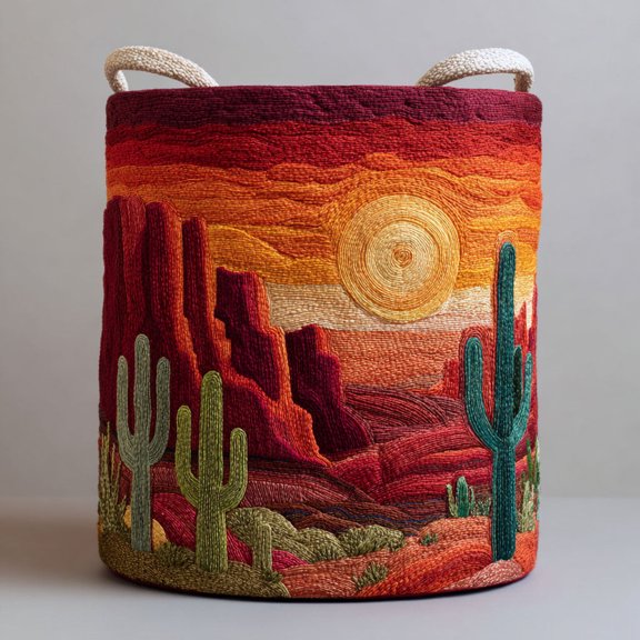 Cactus Bloom Quilted Laundry Basket, Blooming Cactus Hamper, Boho Desert Storage