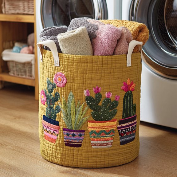 Cactus Bloom Quilted Laundry Basket, with Handles, Foldable Clothes Hamper for Bedroom Storage