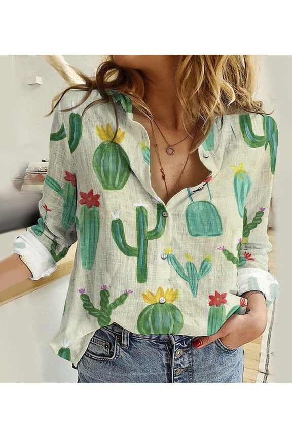 Cactus Blouses Shirt, Plant Women Casual Shirt, Women's Clothing, Button Up Shirt, Long Sleeve Shirt, Gift For Her