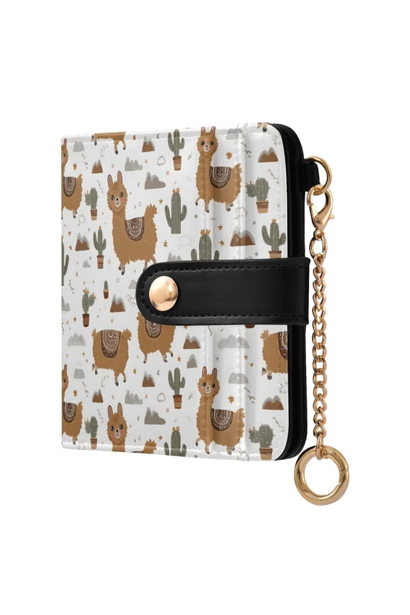 Cactus Brown Alpaca Small Wallet for Women RFID Blocking Bifold PU Leather Credit Card Holder with Zipper Coin Pocket Compact Cute Travel Purse Magnetic Snap 7 Card Slots