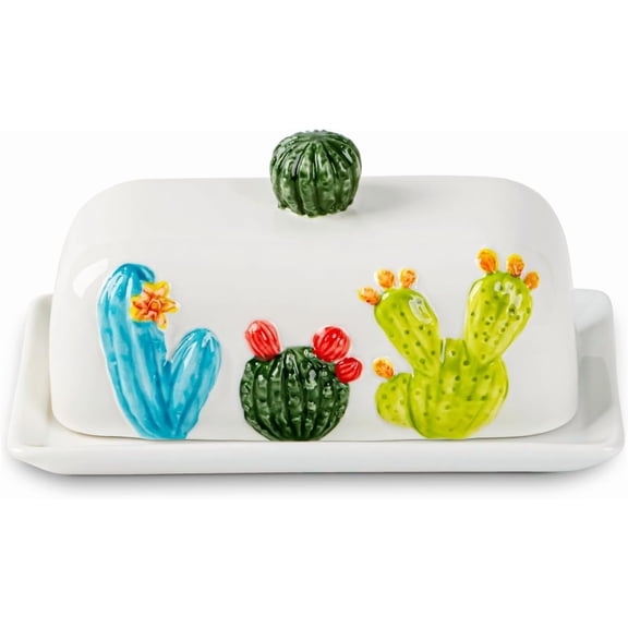 Cactus Butter Dish With Lid For Countertop Succulent Butter Dish With Cover Ceramic Butter Container Green Butterdish Cute Beautiful Desert Decoration