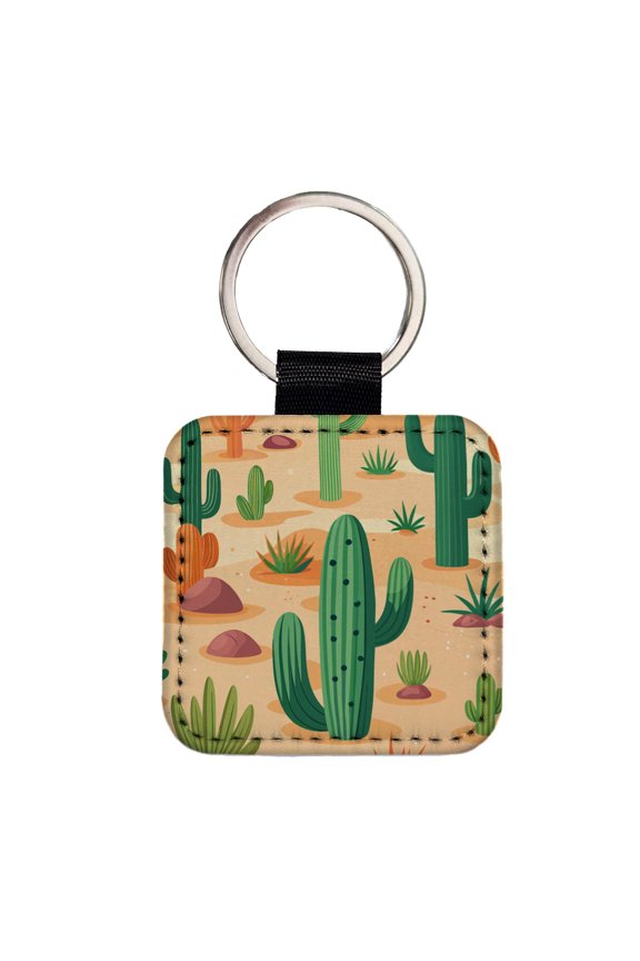 Cactus Cacti Desert Scattered Pattern Faux Leather Square Keychain