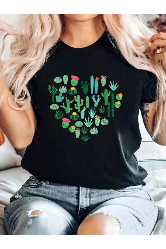 Cactus Cacti Lover Heart-Shaped Succulents Plant Lover T-Shirt Print T-Shirt, Casual Crew Neck Short Sleeve Comfort Tee Top For Spring & Summer, Women'S Clothing
