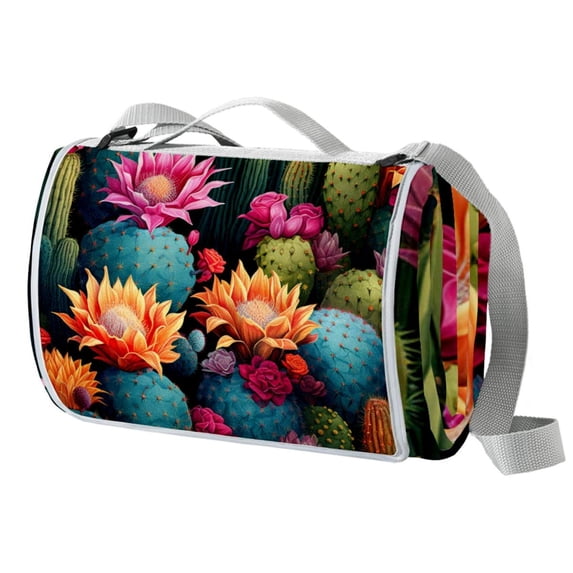 Cactus Canvas Picnic Mat - Foldable Outdoor Blanket for Camping and Beach - Extra Large Size 78"x59" Portable and Easy to Clean - Travel Picnic Rug with Carry Strap and Storage Bag