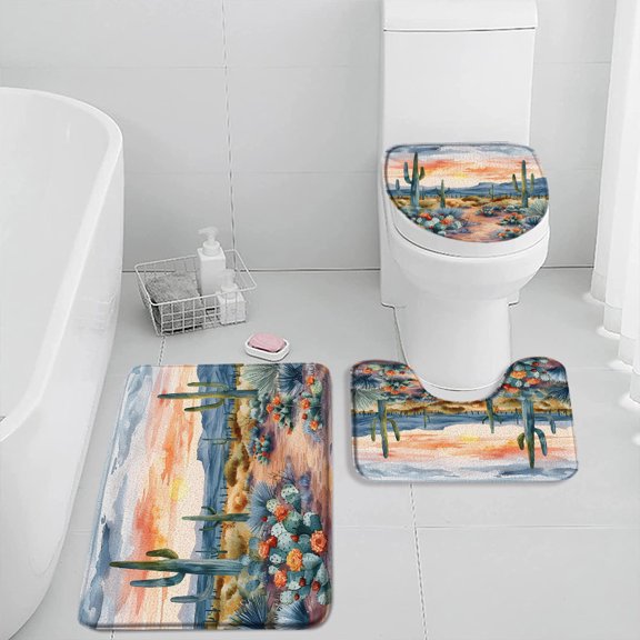 Cactus Cartoon Bath Mat Set Desert Green Plant Watercolor Boho Vintage Bathtub Rug Flannel Toilet Lid Cover Home Carpet for Bath