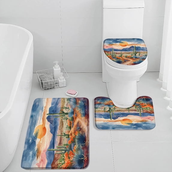 Cactus Cartoon Bath Mat Set Desert Green Plant Watercolor Boho Vintage Bathtub Rug Flannel Toilet Lid Cover Home Carpet for Bath