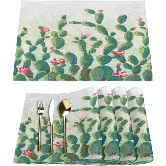 Cactus Cartoon Flowers Placemats Set of 6 Rectangle Table Mats Washable Heat-Resistant Place Mat for Kitchen Dining Table Decor Indoor Outdoor