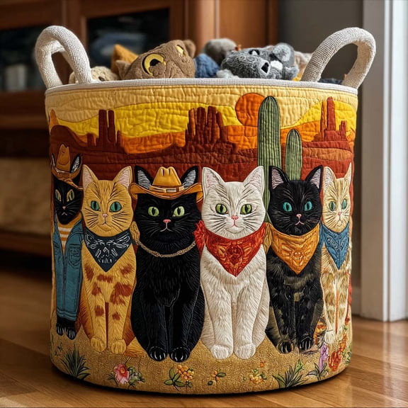 Cactus Cat Quilted Laundry Basket, Western Cactus Cat Hamper, Desert Kitty Laundry Storage Basket