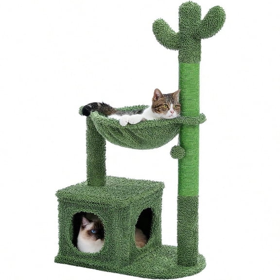 Cactus Cat Tree 40 Cat Tower With Large Metal Carpet Hammock Cat Scratching Post For Indoor Cats With Condo Replaceable Toy Ball Green