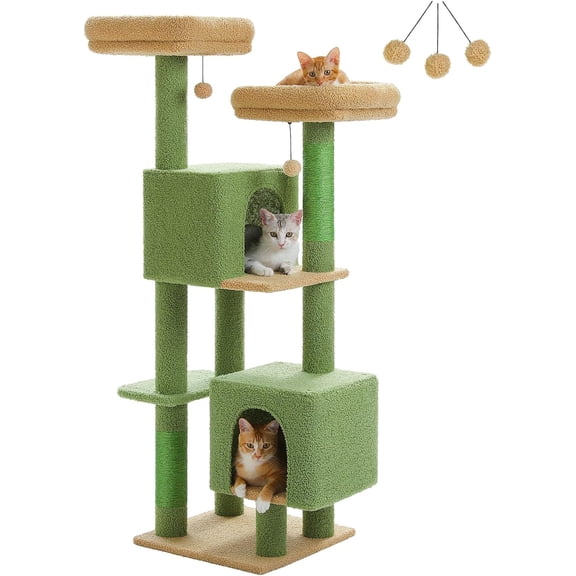 Cactus Cat Tree, 52.4" Cat Tower for Indoor Cats, Cute Cat Tree with 2 Padded Perches, 2 Condos & 2 Scratching Posts, Green