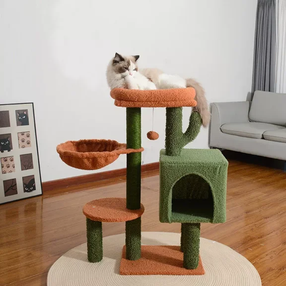 Cactus Cat Tree Cat Tower w/Sisal Scratching Post, Cat Condo for Indoor Cats, Large Padded Top Perch, Comfy Hammock,Dangling Balls for Small-Medium Cats