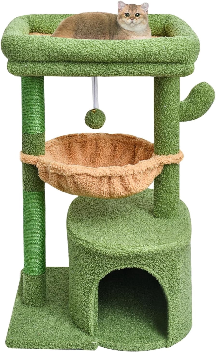 Cactus Cat Tree for Indoor Cats, Green Activity Cat Tower with Scratching Post for Kittens, Modern Cat Furniture with Basket & Hanging Ball for Play Rest