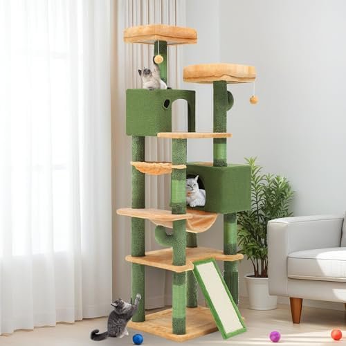 Cactus Cat Tree for Large Cats: 76" Tall with Self-Grooming Brush, Cute Kitten Climbing Tower for Indoor Kittens with Cat Condo, Top Perch, Basktet, Sisal Scratching Posts, Dangling Ball