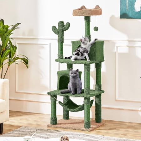 Cactus Cat Tree for Indoor Cats, 62in Cat Tower with Scratching Posts, Hammock & Dangling Ball, Multi-Level Condo Activity Center Furniture