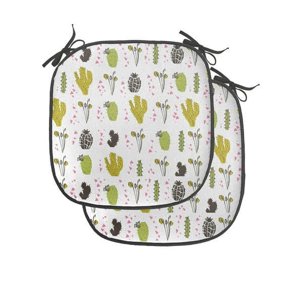 Cactus Chair Seating Cushion Set of 2, Abstract Pattern with Botanical Elements Succulents and Flowers Little Triangles, Seat Pads for Office with Anti-slip Backing, 16"x16", Multicolor, by Ambesonne